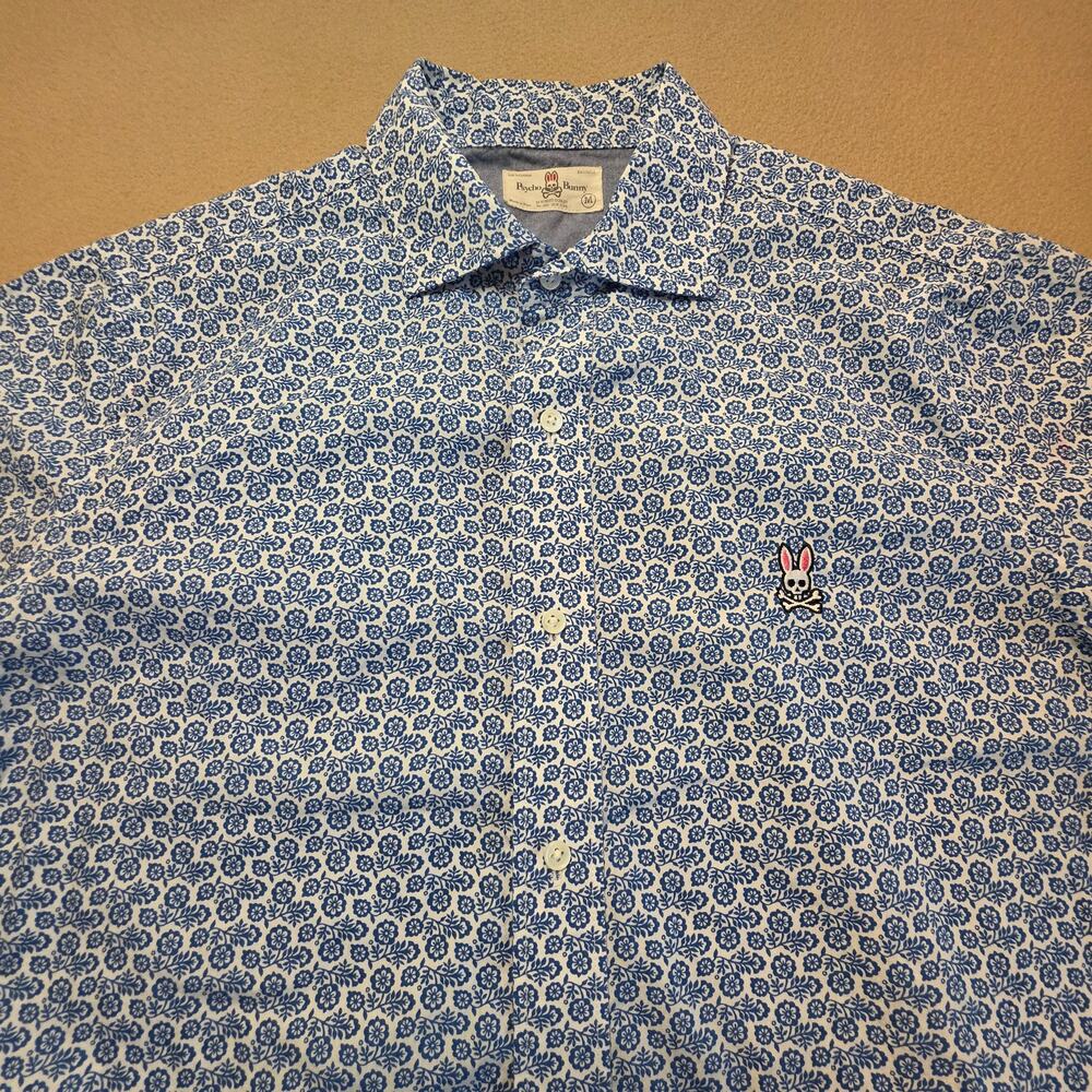 Psycho Bunny Crosby Floral Print SS Button Shirt Blue Sz Medium 100% Pima Cotton